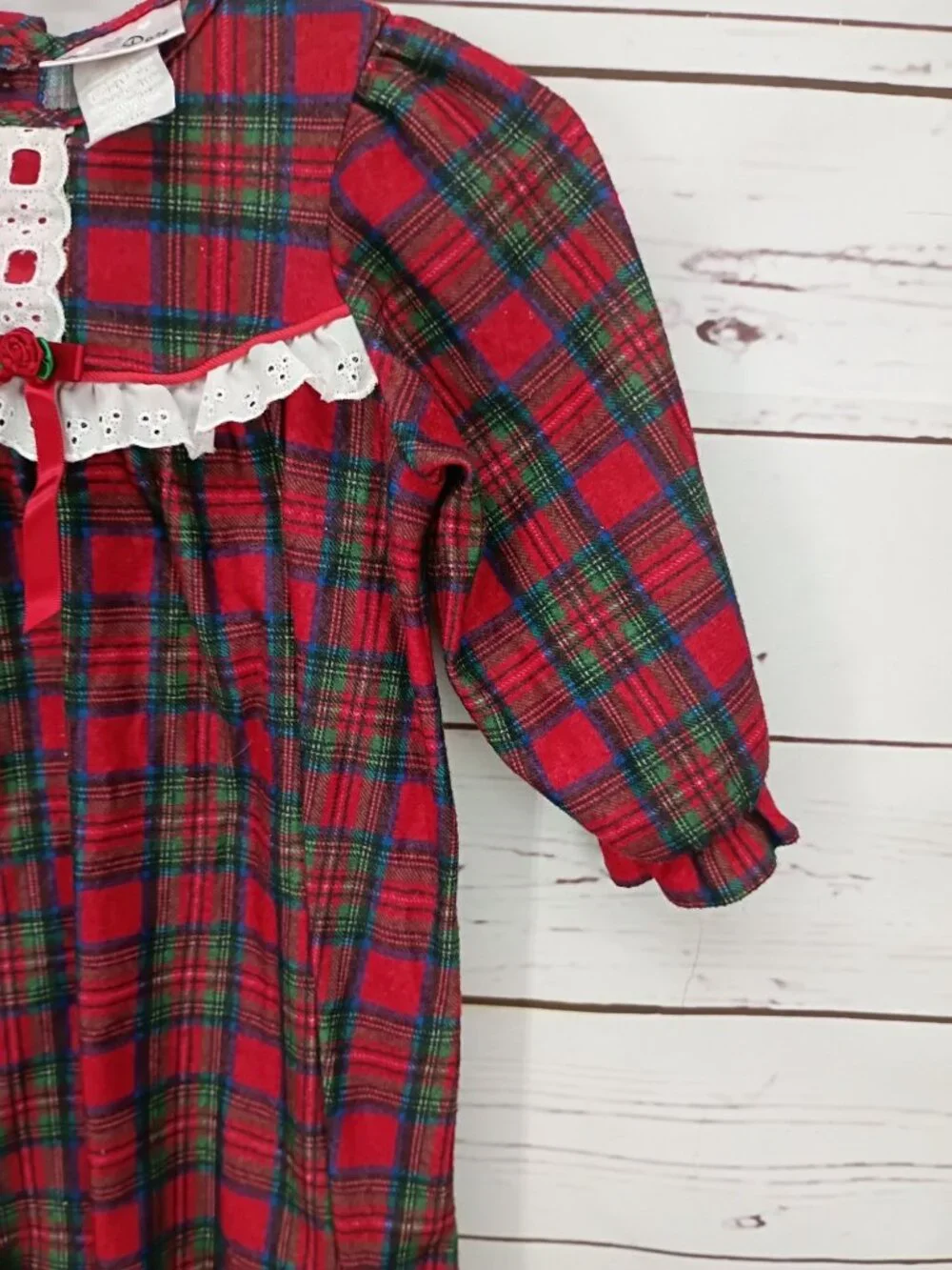 Vintage Laura Dare Toddler Girls Red Plaid Long Sleeve Dress With Lace & Bow Acc
